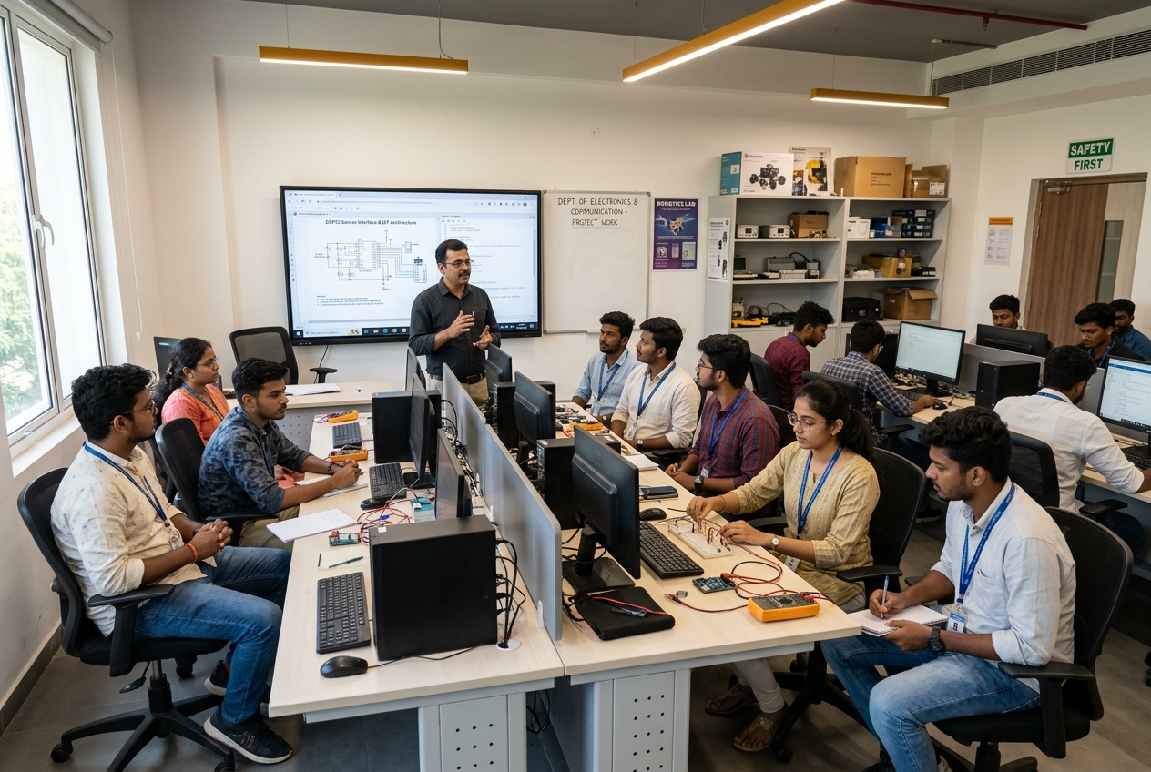 Classroom with an instructor at a board showing a circuit diagram