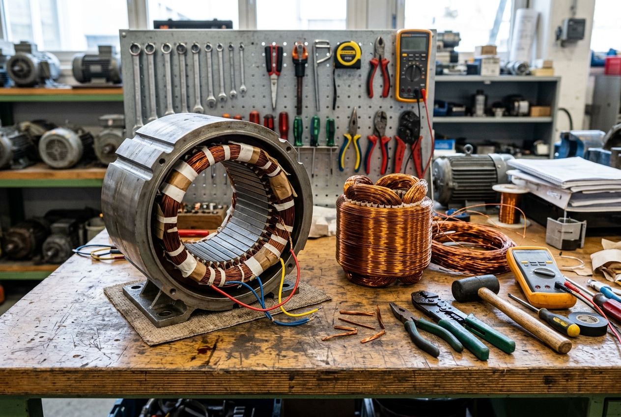 Motor stator on a bench beside a copper winding coil and tools
