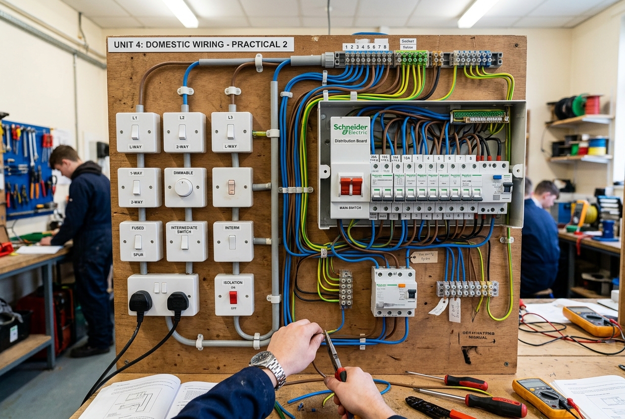 Wiring panel with distribution board, MCBs, socket plate and test lamp