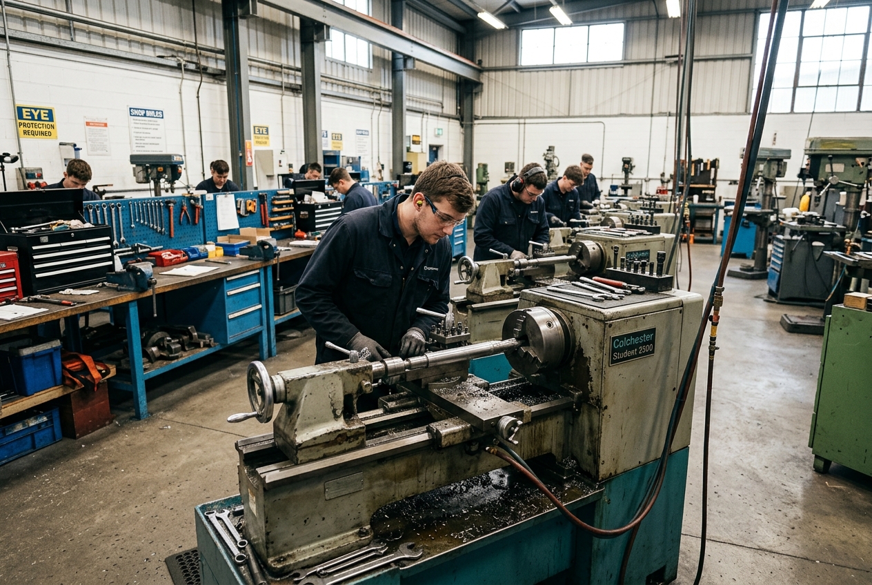 Trainee at a workshop bench with pegboard tools, vice and multimeter